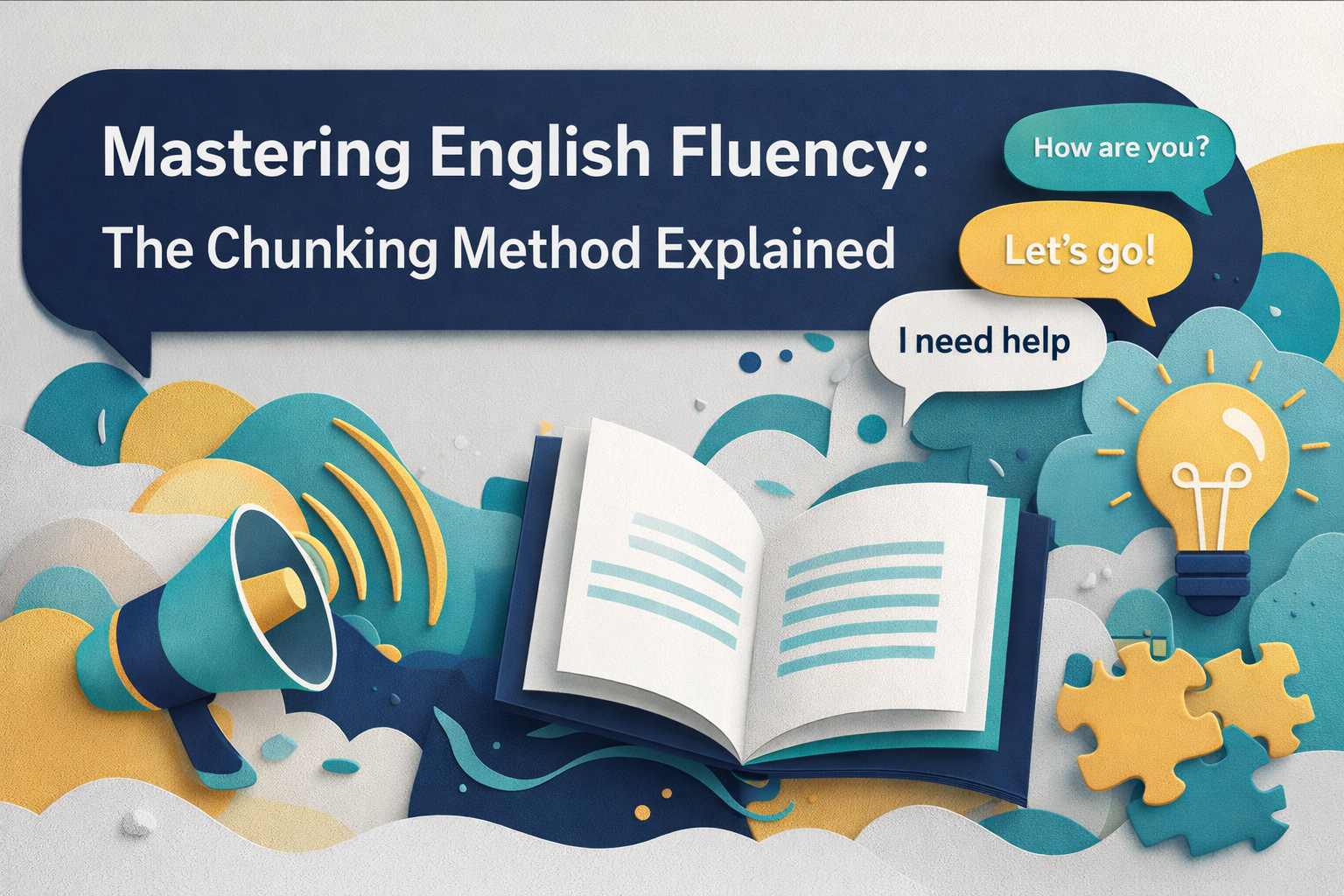 Wide 3D paper-cut banner for “Mastering English Fluency: The Chunking Method Explained” featuring the chunking method for English fluency, with layered speech bubbles, an open book, a megaphone, puzzle pieces, and a lightbulb in navy blue, soft gold, teal, and light gray.