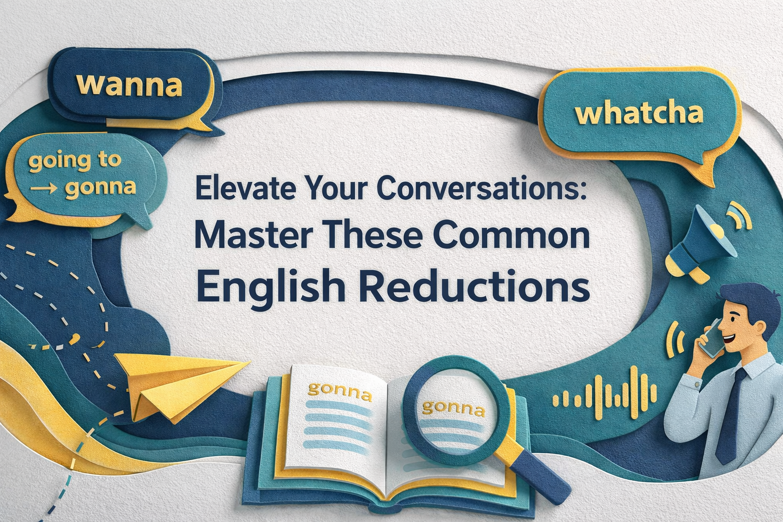 Wide 3D paper cut art banner in Navy Blue and Soft Gold showing professionals in a meeting with speech bubbles and blended words, illustrating common English reductions.