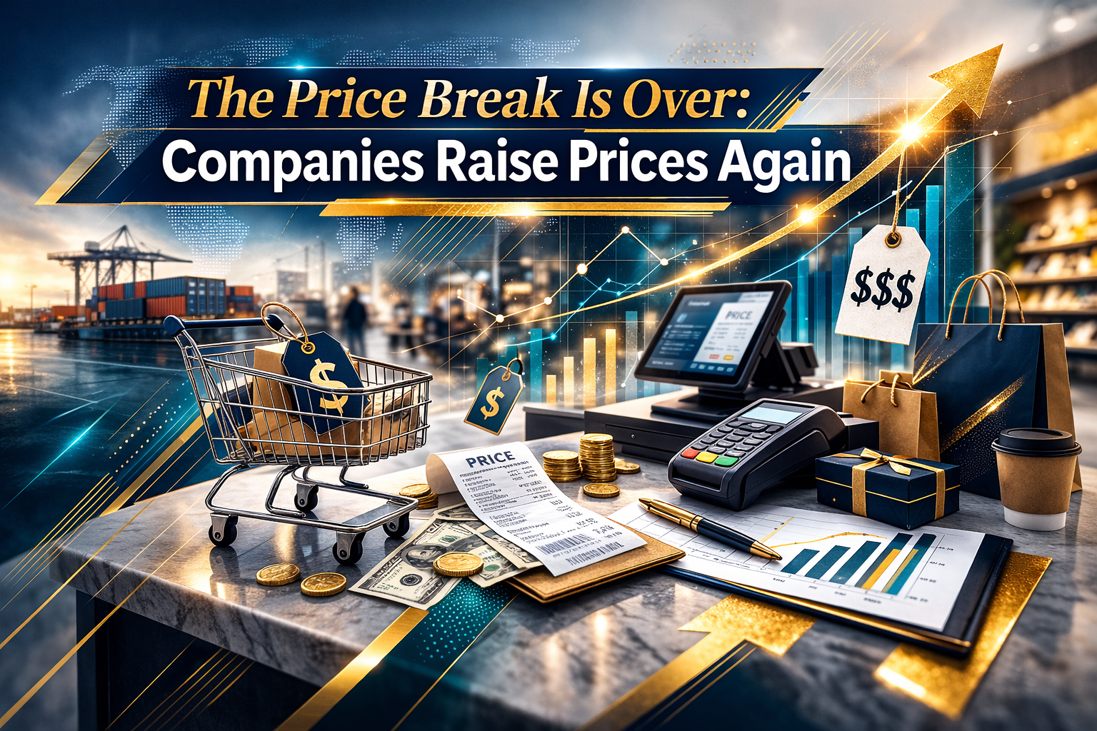 companies raising prices again banner showing a modern checkout scene with subtle price tags and an upward trend line in navy and gold.
