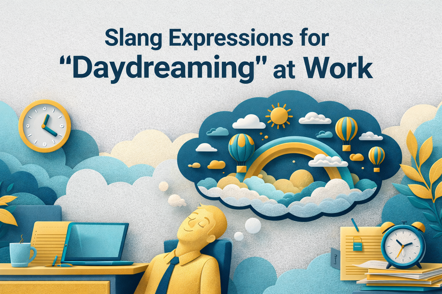 3D paper cut art banner in navy blue, soft gold, light gray, and teal showing a professional at a desk with a thought bubble; title reads “Slang for ‘Daydreaming’ at Work”; concept of daydreaming at work in meetings.