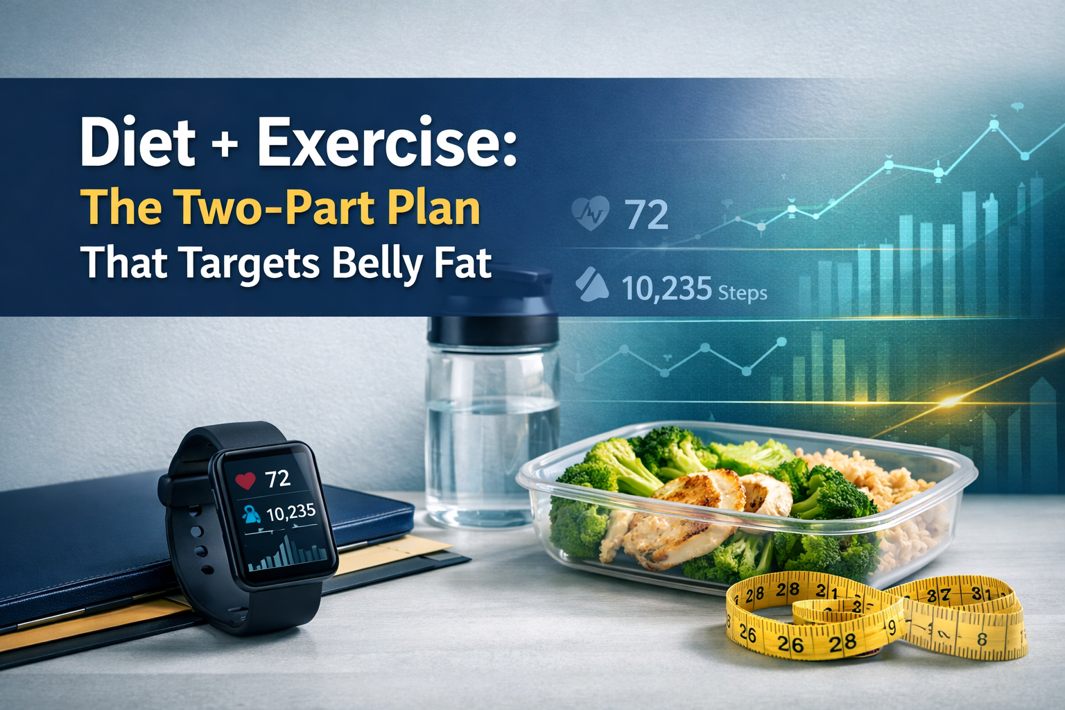 diet and exercise for belly fat banner showing a fitness tracker, healthy meal prep, and a modern progress dashboard in navy, teal, and gold.