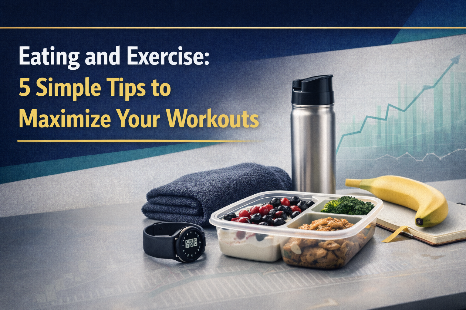 eating and exercise tips banner showing workout essentials and healthy snack planning in a clean navy and gold business-style design.