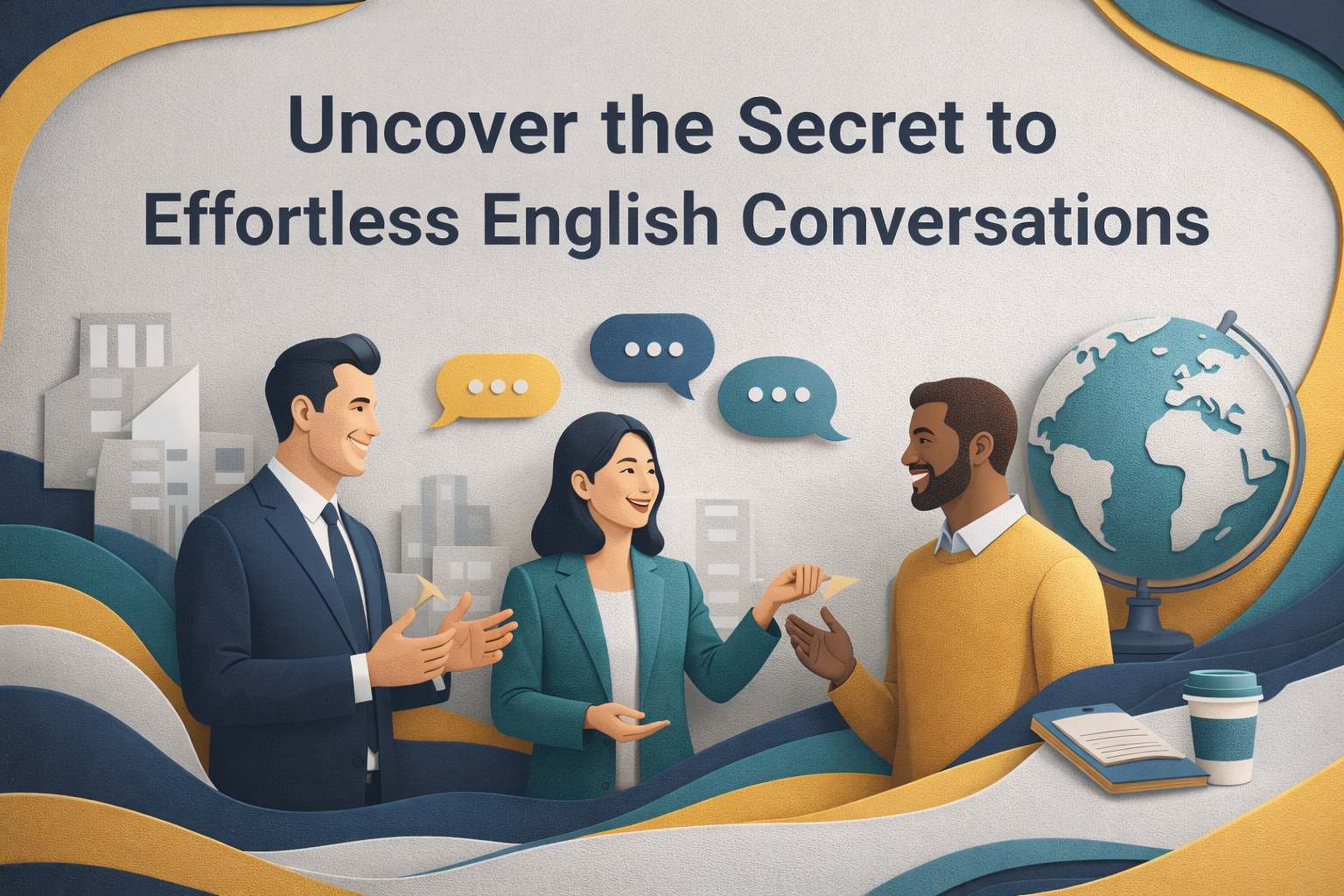 Uncover the Secret to Effortless English Conversations banner in 3D paper cut style, showing professionals connecting at work—effortless English conversations.