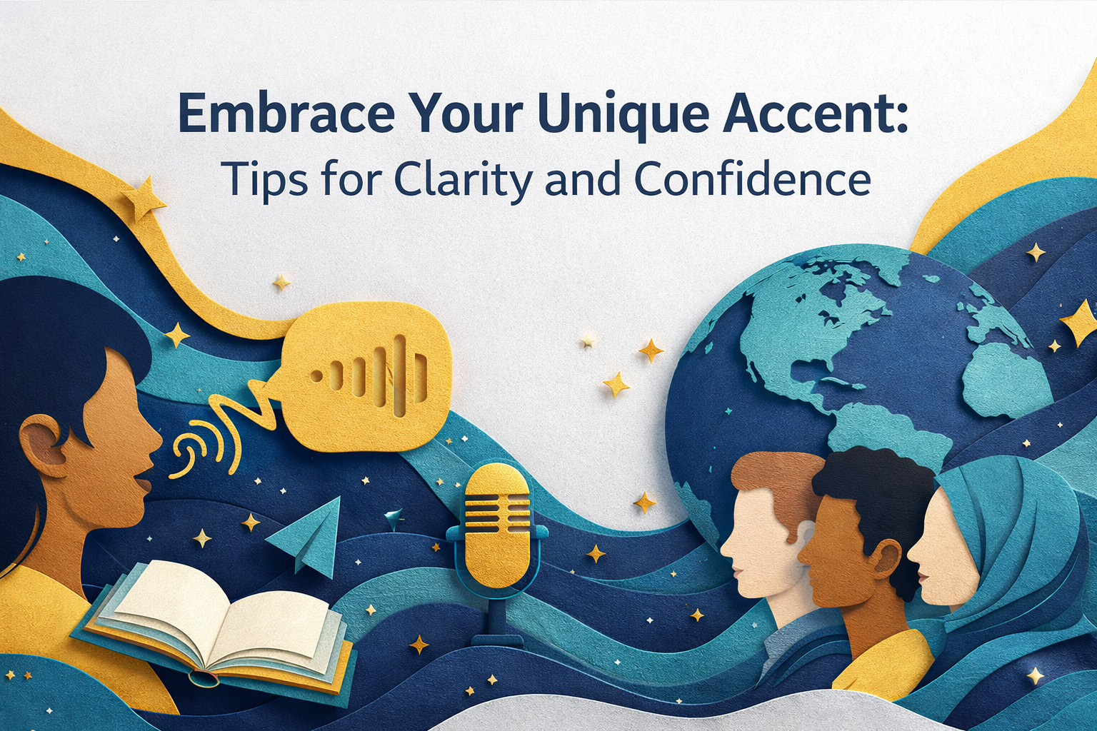 Wide 3D paper cut art banner in navy blue, soft gold, light gray, and teal showing a confident professional speaking into a microphone and sound waves; “embrace your accent” theme for clarity and confidence.