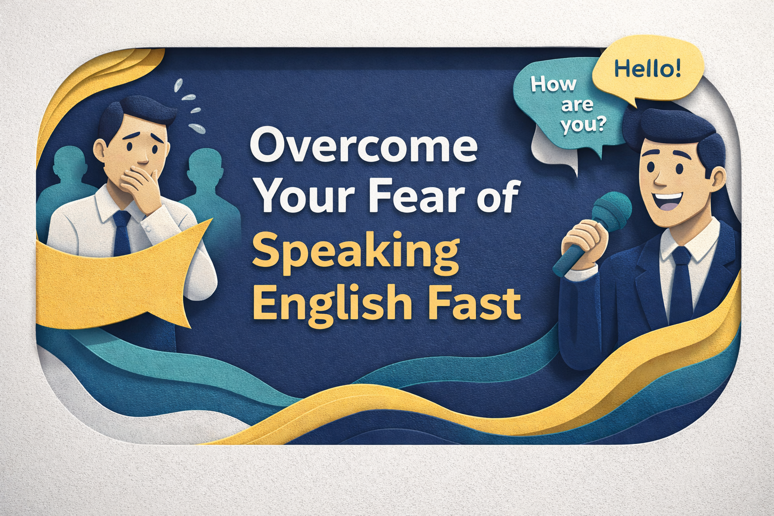 3D paper cut art wide banner in navy blue, soft gold, light gray, and teal showing a nervous professional speaking confidently, titled “3 Easy Steps to Beat Your fear of speaking English”.