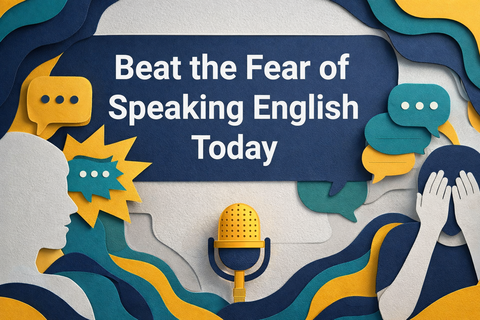 3D paper cut art wide banner in navy blue, soft gold, light gray, and teal showing a confident professional speaking at work to overcome fear of speaking English.