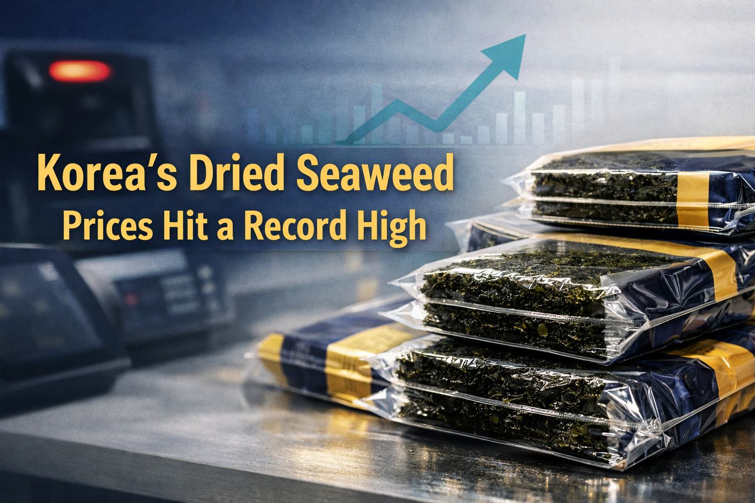 Photographic banner of Korean gim in a modern grocery display as gim prices surge, using navy, gold, teal, and light gray business styling.