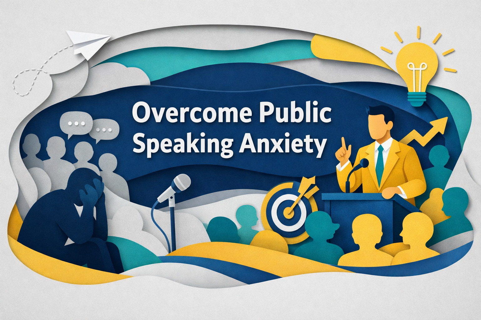 3D paper cut banner of a calm speaker at a podium with a microphone, navy blue and soft gold accents, showing how to overcome public speaking anxiety by speaking up.