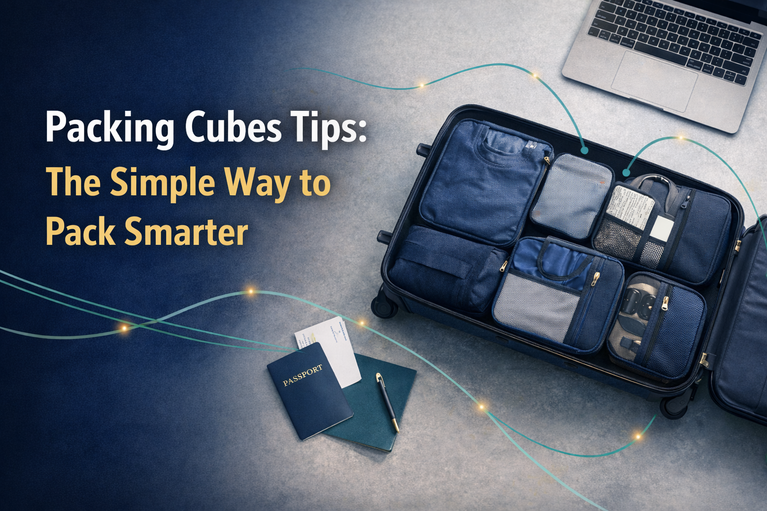 packing cubes tips banner featuring a neatly organized carry-on suitcase with packing cubes, business travel items, and teal workflow accents.