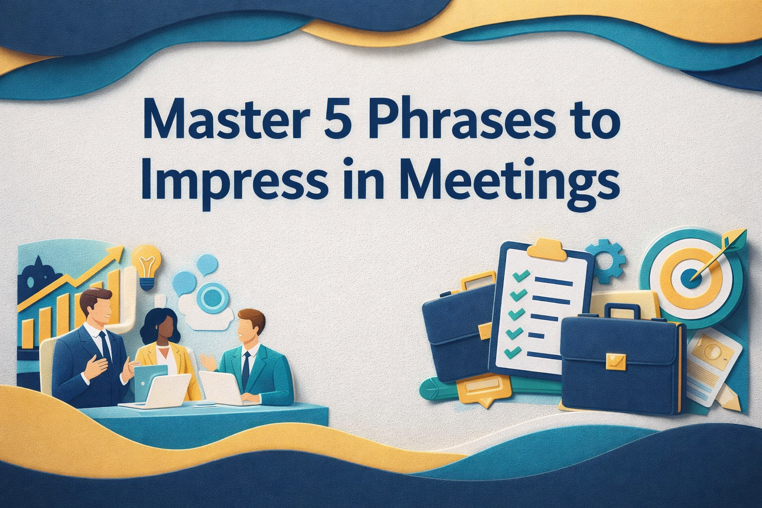 3D paper cut art wide banner in navy blue and light gray with soft gold and teal accents, showing professionals collaborating in a meeting, titled “Master 5 Phrases to Impress in Meetings”.