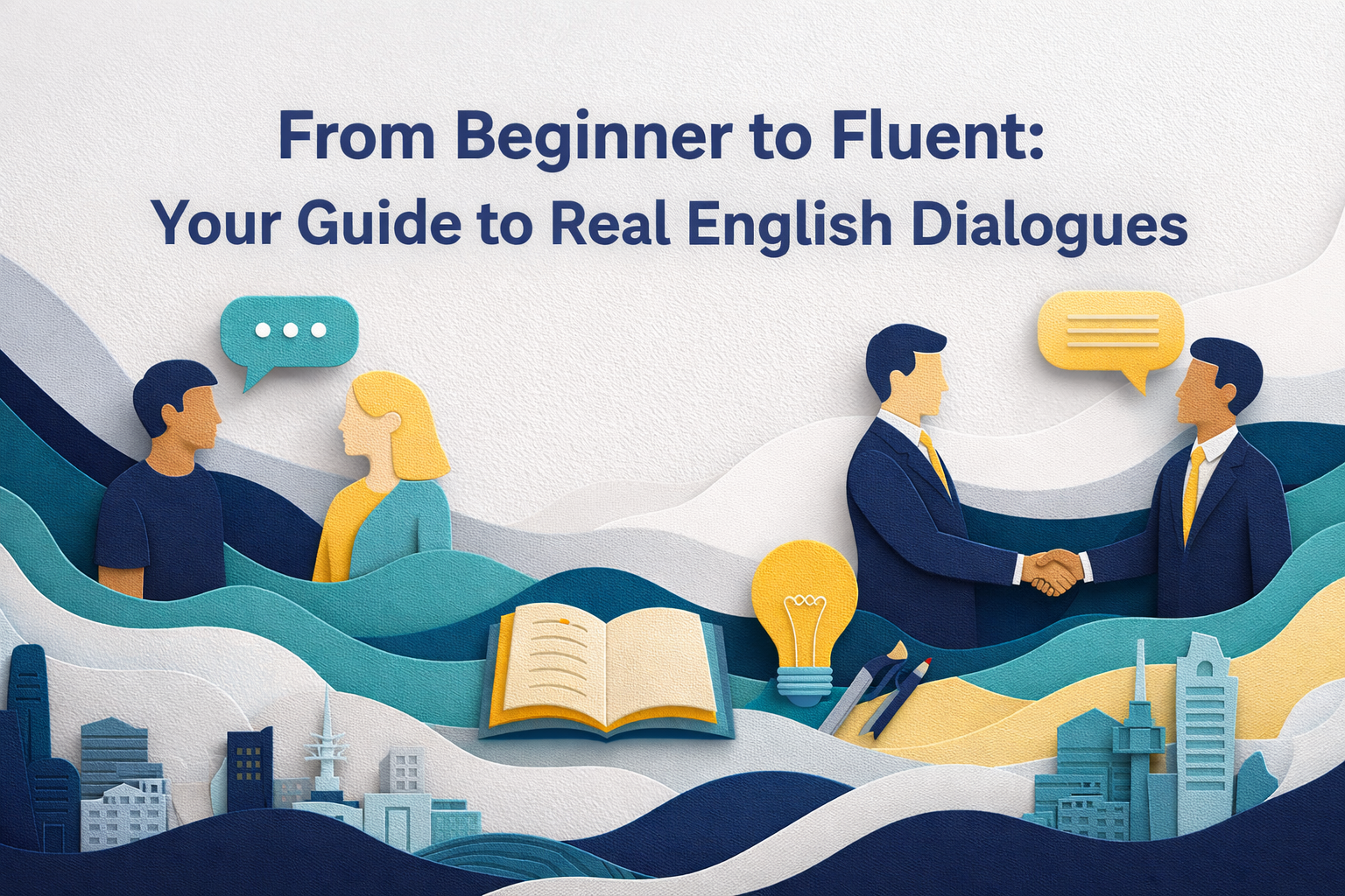 3D paper cut art wide banner in navy blue, soft gold, teal, and light gray showing busy professionals practicing real English dialogues with speech bubbles and simple conversation cues.