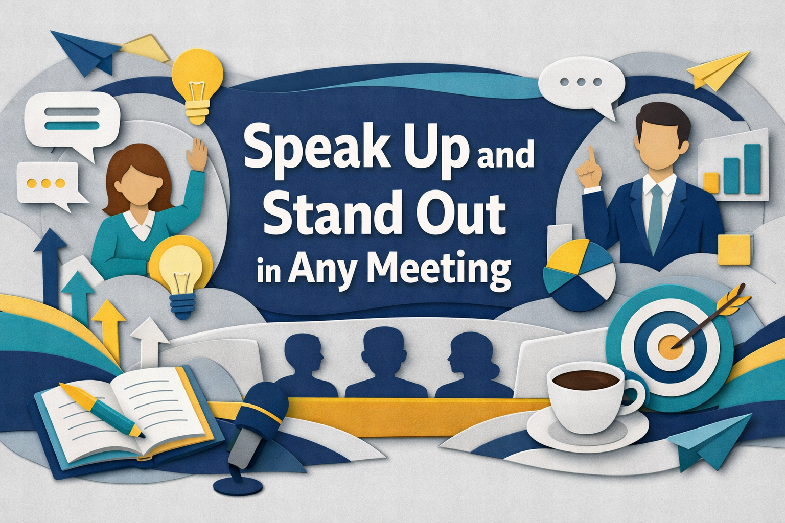 3D paper cut art banner in navy blue and light gray with teal accents and soft gold highlights showing professionals speak up in meetings around a conference table with speech bubbles and a raised hand, titled “Speak Up in Meetings and Stand Out in Any Meeting”.