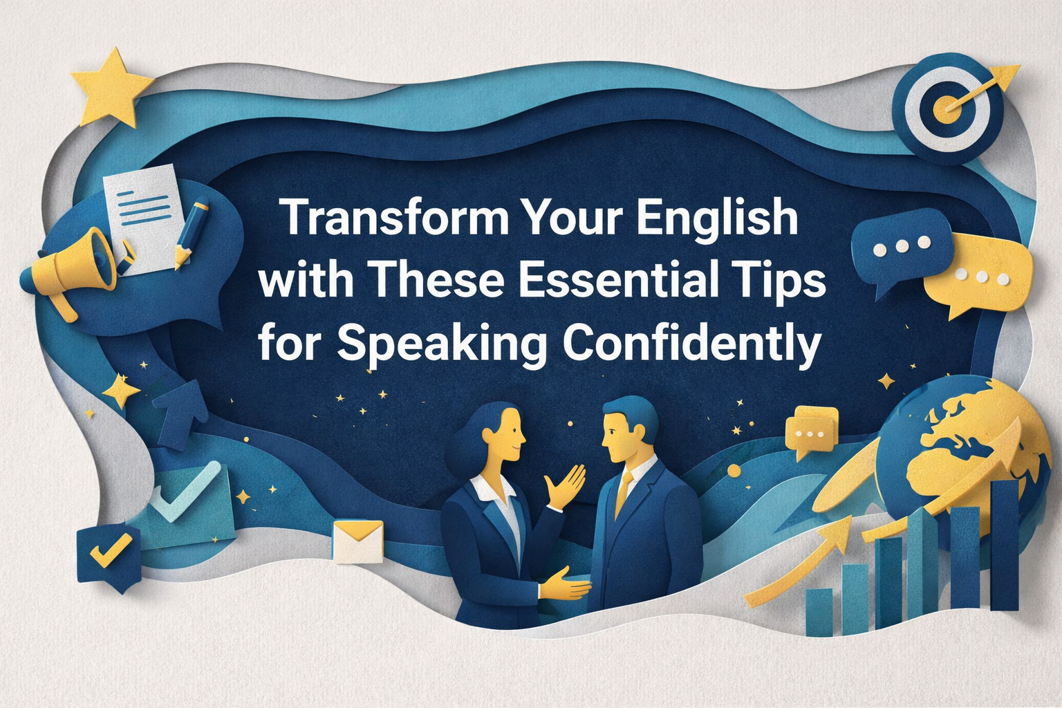 3D paper-cut banner in navy blue and soft gold showing busy professionals connecting and chatting confidently; visual represents speaking confidently in English.