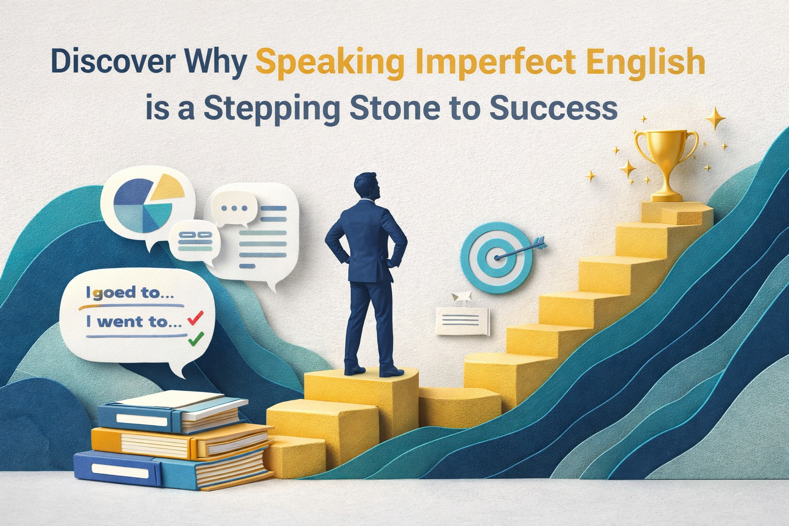 Wide 3D paper cut art banner in Navy Blue and Light Gray with Soft Gold and Teal accents, showing a professional stepping up a staircase of speech bubbles—symbolizing speaking imperfect English as a path to career success.