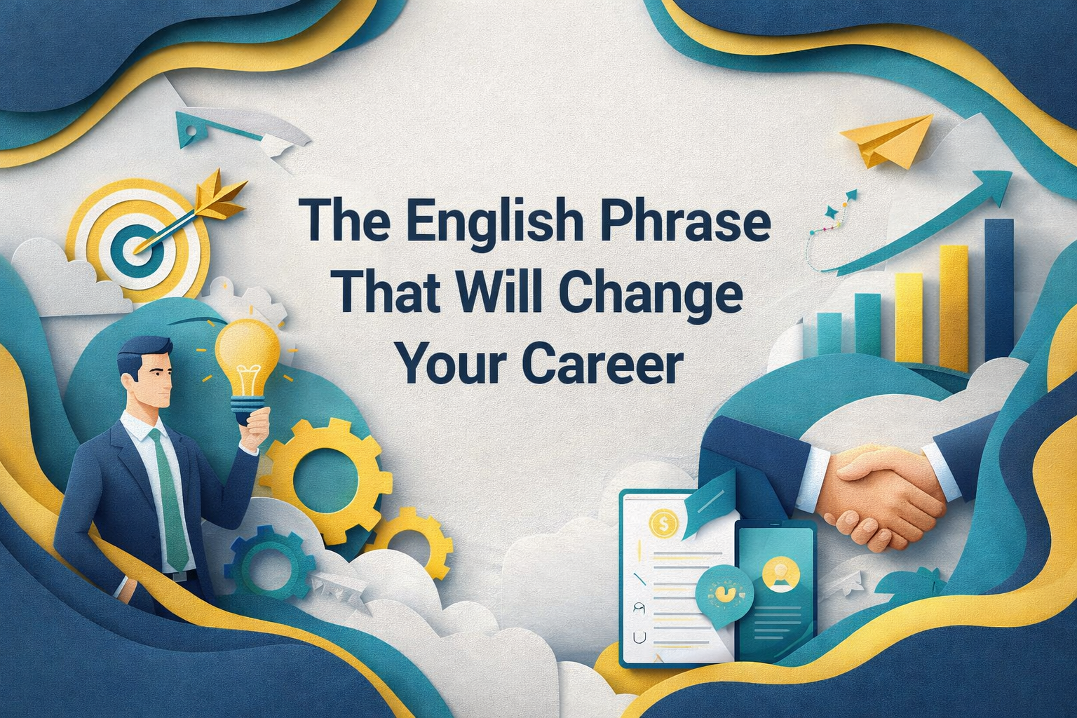 Wide 3D paper cut art banner in navy blue, soft gold, light gray, and teal showing a professional taking responsibility in a meeting—take ownership at work—with bold headline text: “The English Phrase That Will Change Your Career.”