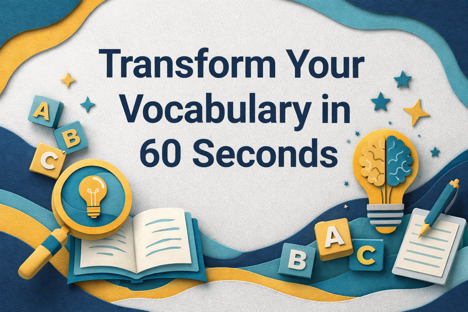 Wide 3D paper cut art banner in navy blue, soft gold, teal, and light gray with the title “Transform Your Vocabulary in 60 Seconds,” showing alphabet blocks, an open book, magnifying glass, and lightbulb—transform your vocabulary fast.