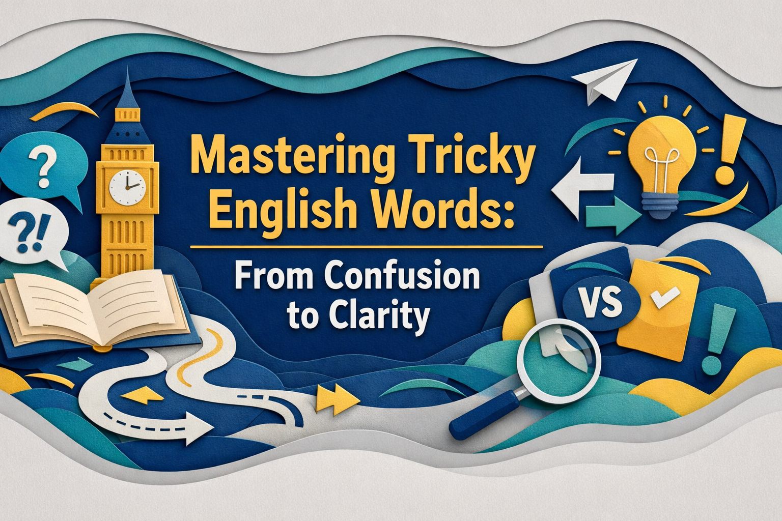 3D paper-cut banner showing confusing word pairs on sticky notes in an office scene, highlighting tricky English words for workplace clarity.