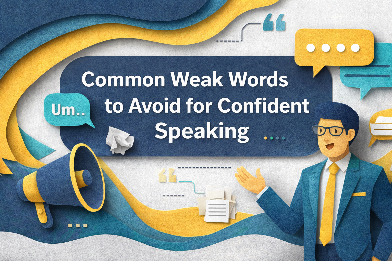 3D paper cut art wide banner in navy blue and light gray with soft gold and teal accents, showing speech bubbles and a confident professional, illustrating weak words to avoid for confident speaking.