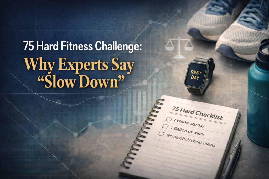 75 Hard fitness challenge banner with a wellness checklist, smartwatch, and calm planning setup emphasizing safer habits