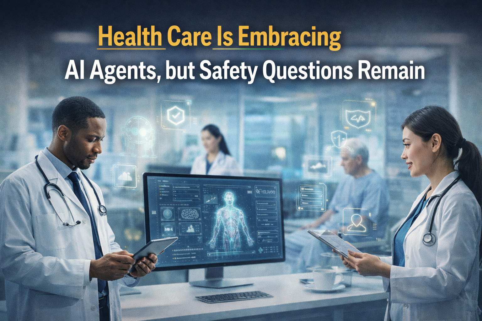 Wide banner showing doctors and digital tools as AI agents in health care expand while safety and validation concerns remain.