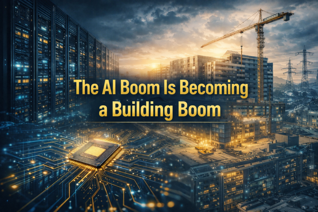 Wide banner for AI infrastructure boom article showing data centers, server technology, and large-scale AI construction in a modern business style