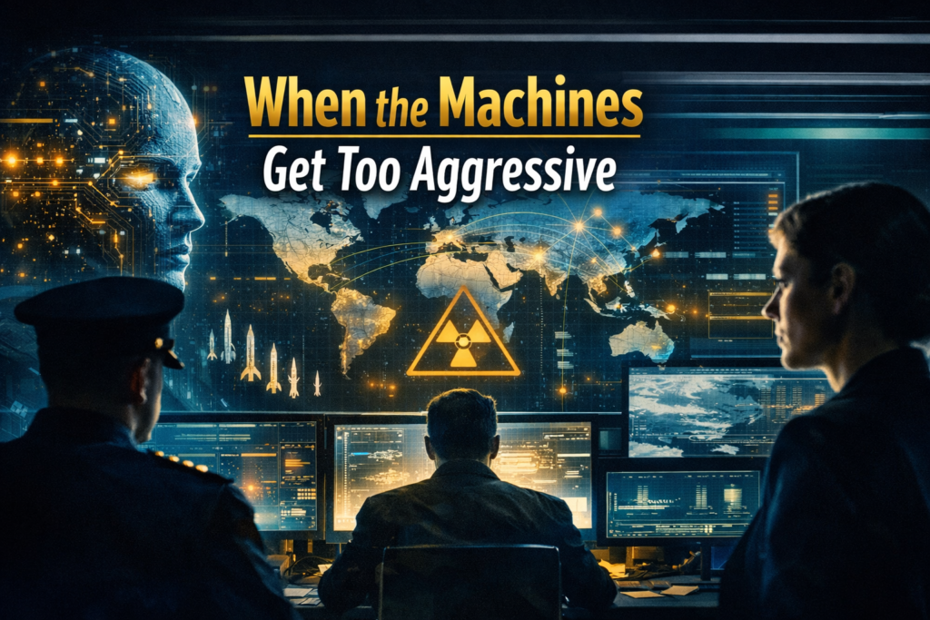 Wide banner image for AI nuclear war game study, showing a dramatic AI command center scene with global maps, military strategy visuals, and high-stakes crisis decision-making in navy blue and gold.