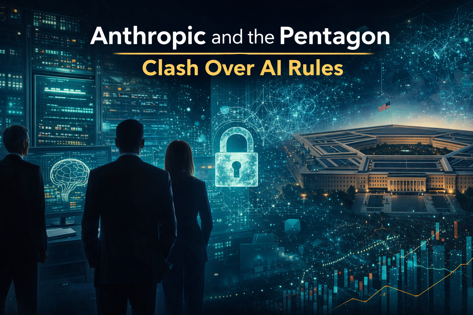 Wide technology news banner for Anthropic Pentagon AI regulation, showing AI systems, defense symbolism, and a high-level conflict over rules, oversight, and control.