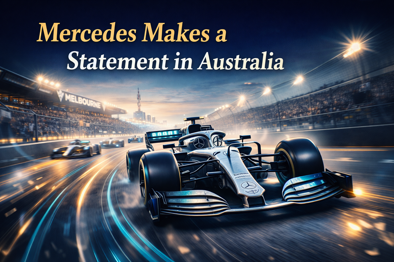 Wide banner for Australian Grand Prix results, showing a Mercedes Formula 1 car leading in Melbourne with a dramatic race-day atmosphere.