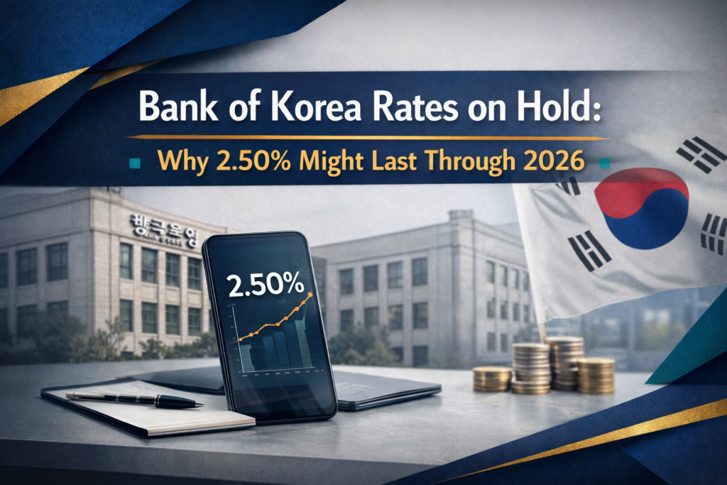 Bank of Korea rates banner with a finance desk scene and interest-rate chart accents in navy, gold, and teal.
