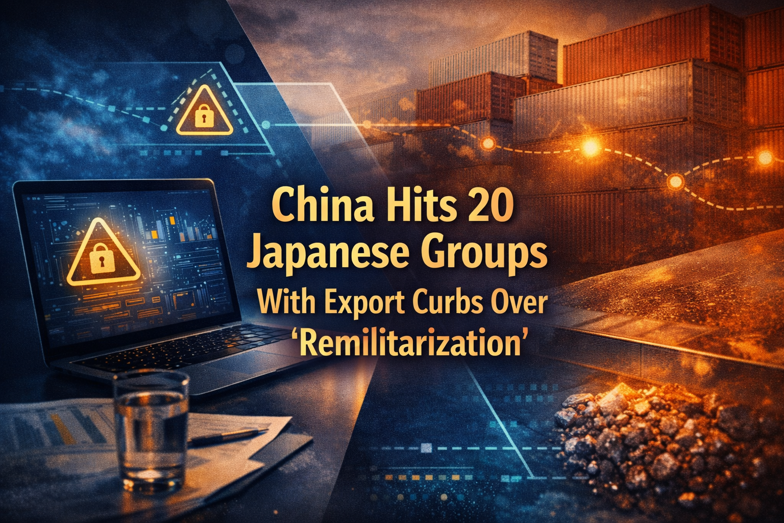 China export curbs Japan with new controls on Japanese entities, shown through supply-chain and trade visuals in navy and gold.