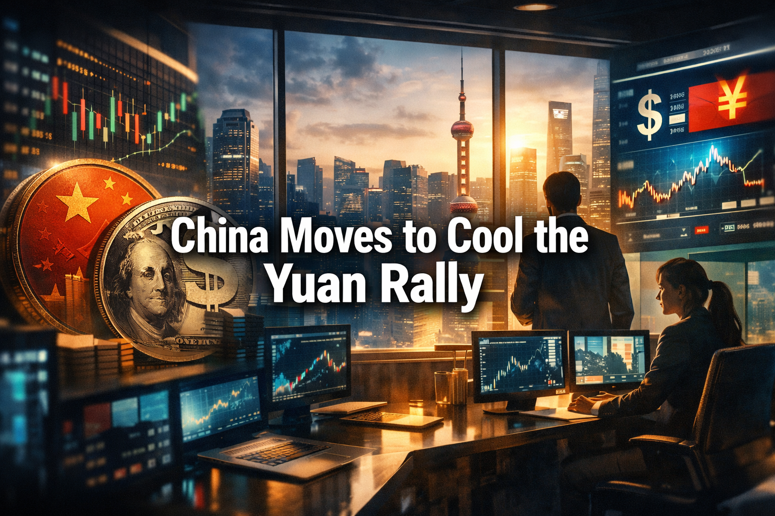 Wide banner image for China slows yuan rally, showing a modern financial district, currency market visuals, and business professionals in a polished global finance scene.