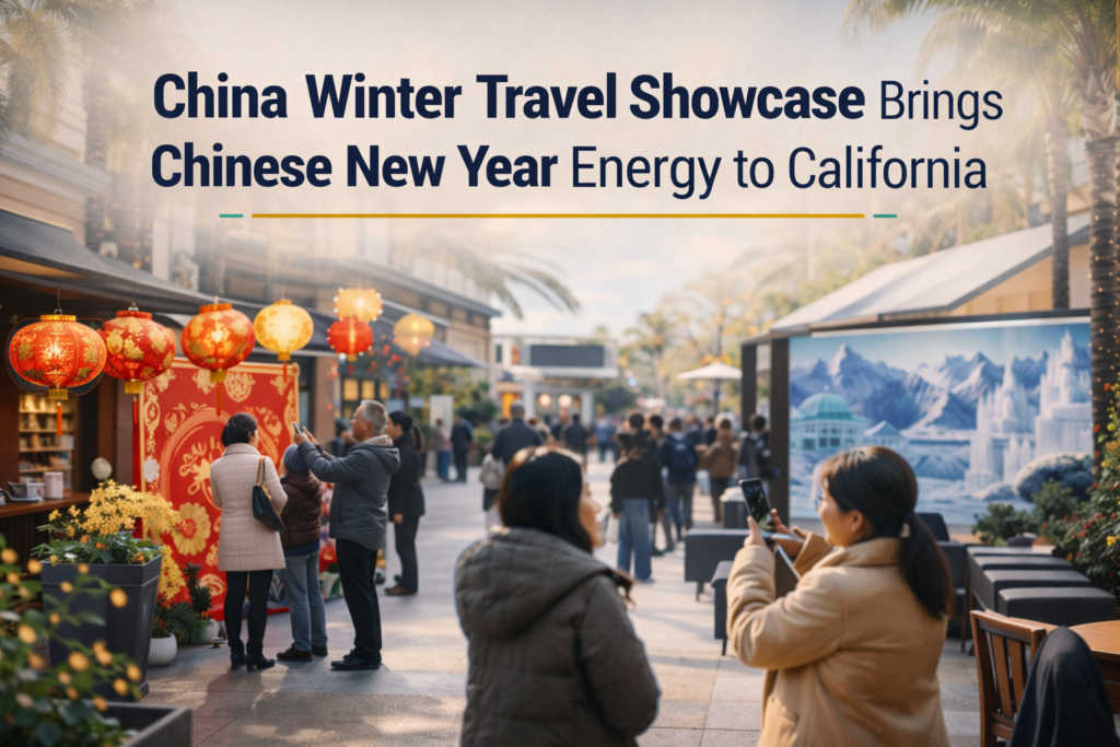 China winter travel showcase banner featuring Chinese New Year lanterns and a modern travel event scene at an outdoor shopping destination.