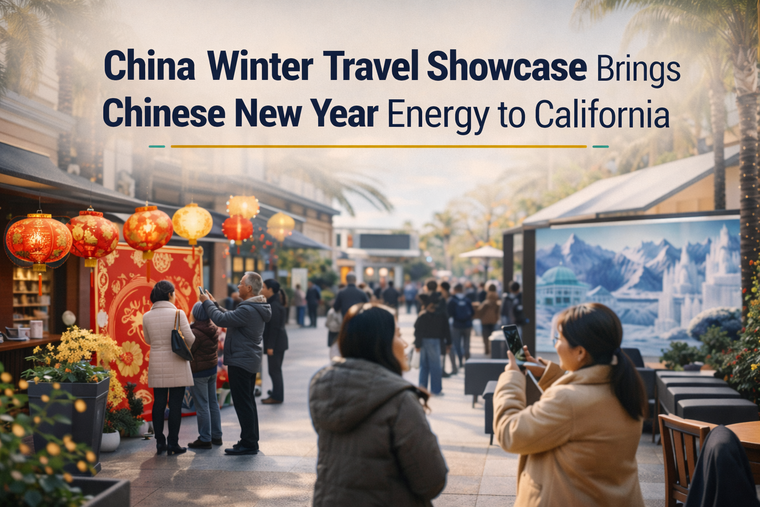 China winter travel showcase banner featuring Chinese New Year lanterns and a modern travel event scene at an outdoor shopping destination.