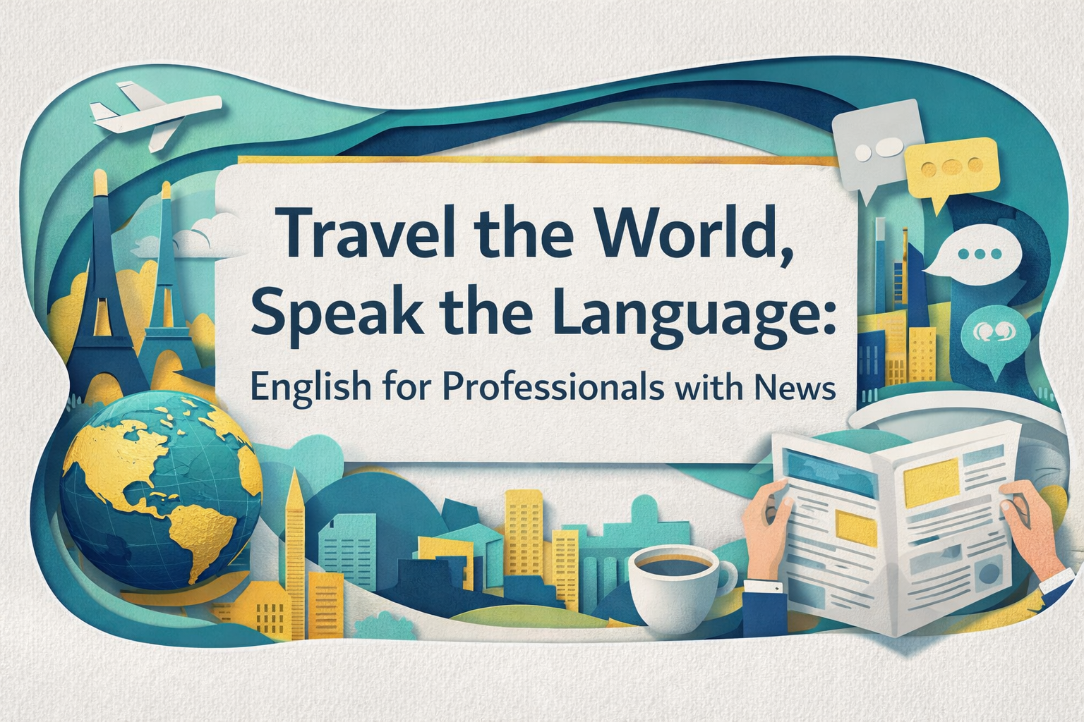 3D paper cut art wide banner in navy blue and light gray with soft gold and teal accents, showing a globe, airplane route lines, a newspaper, and a laptop—representing English for professionals with news—with the title “Travel the World, Speak the Language: English for Professionals with News”.