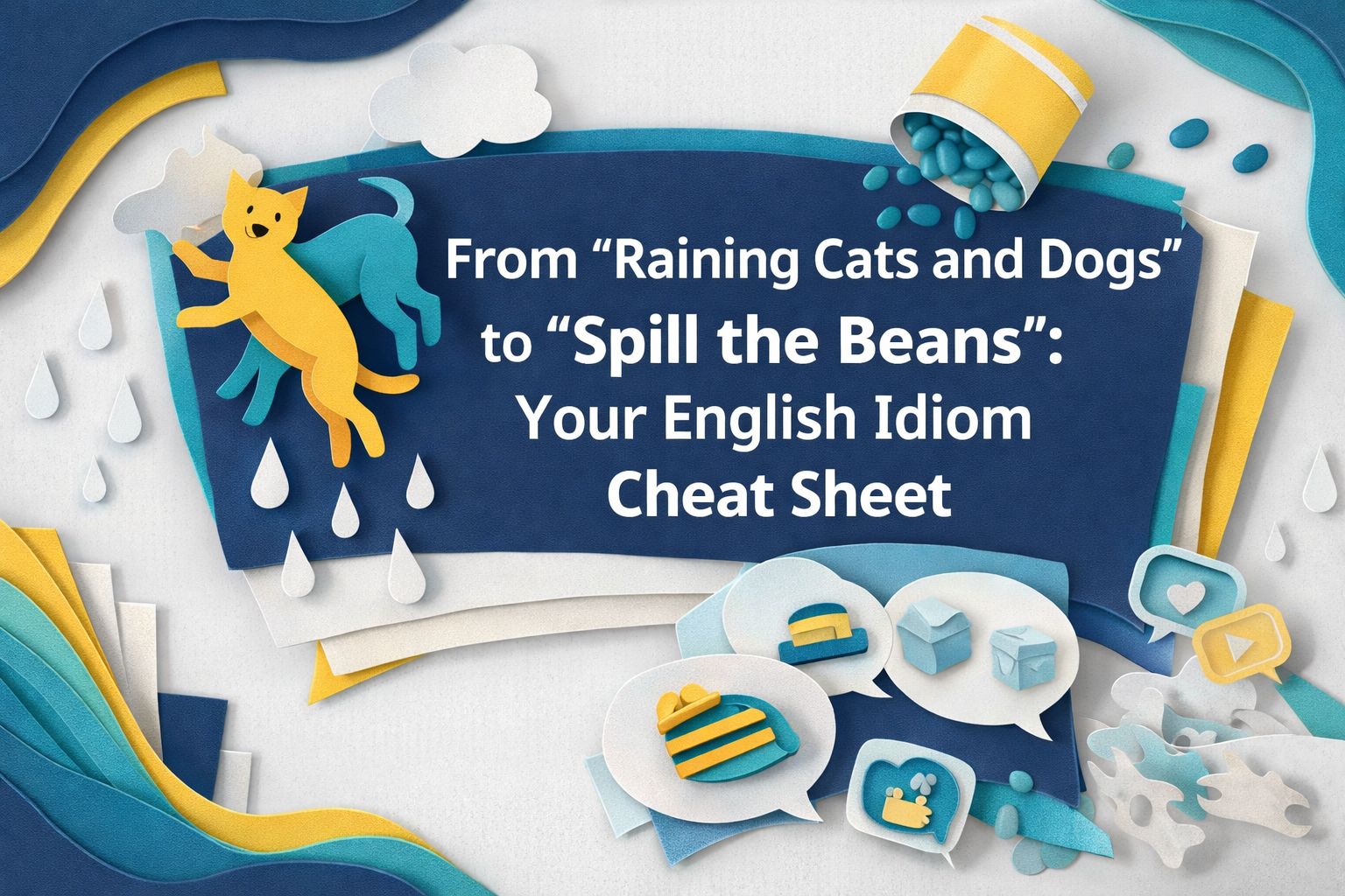 Wide 3D paper cut banner for an English idiom cheat sheet, featuring the title “From ‘Raining Cats and Dogs’ to ‘Spill the Beans’: Your Idiom Cheat Sheet” in bold text with playful idiom-inspired visuals, using navy blue, soft gold, light gray, and teal brand colors.