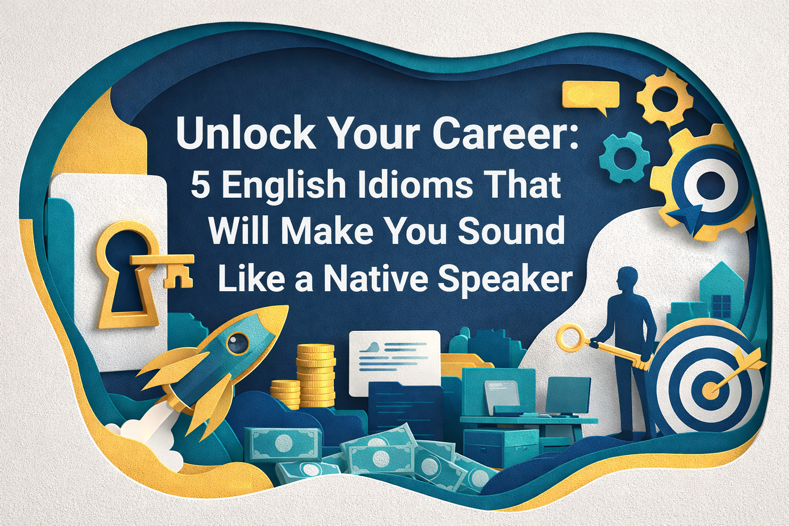 3D paper cut art banner in navy blue and soft gold showing a key unlocking a career path, with icons for business growth—English idioms for busy professionals.