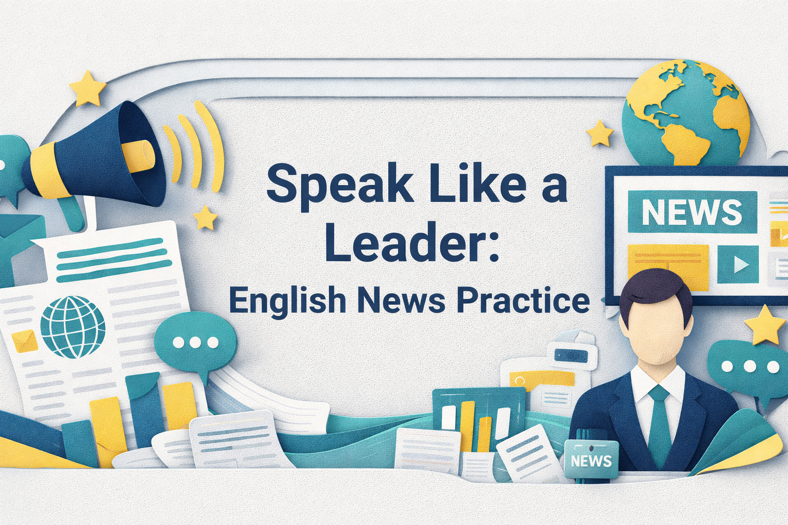 Wide 3D paper cut art banner for “Speak Like a Leader: English News Practice,” featuring news icons, a broadcaster, speech bubbles, and global media visuals in navy blue, soft gold, teal, and light gray.