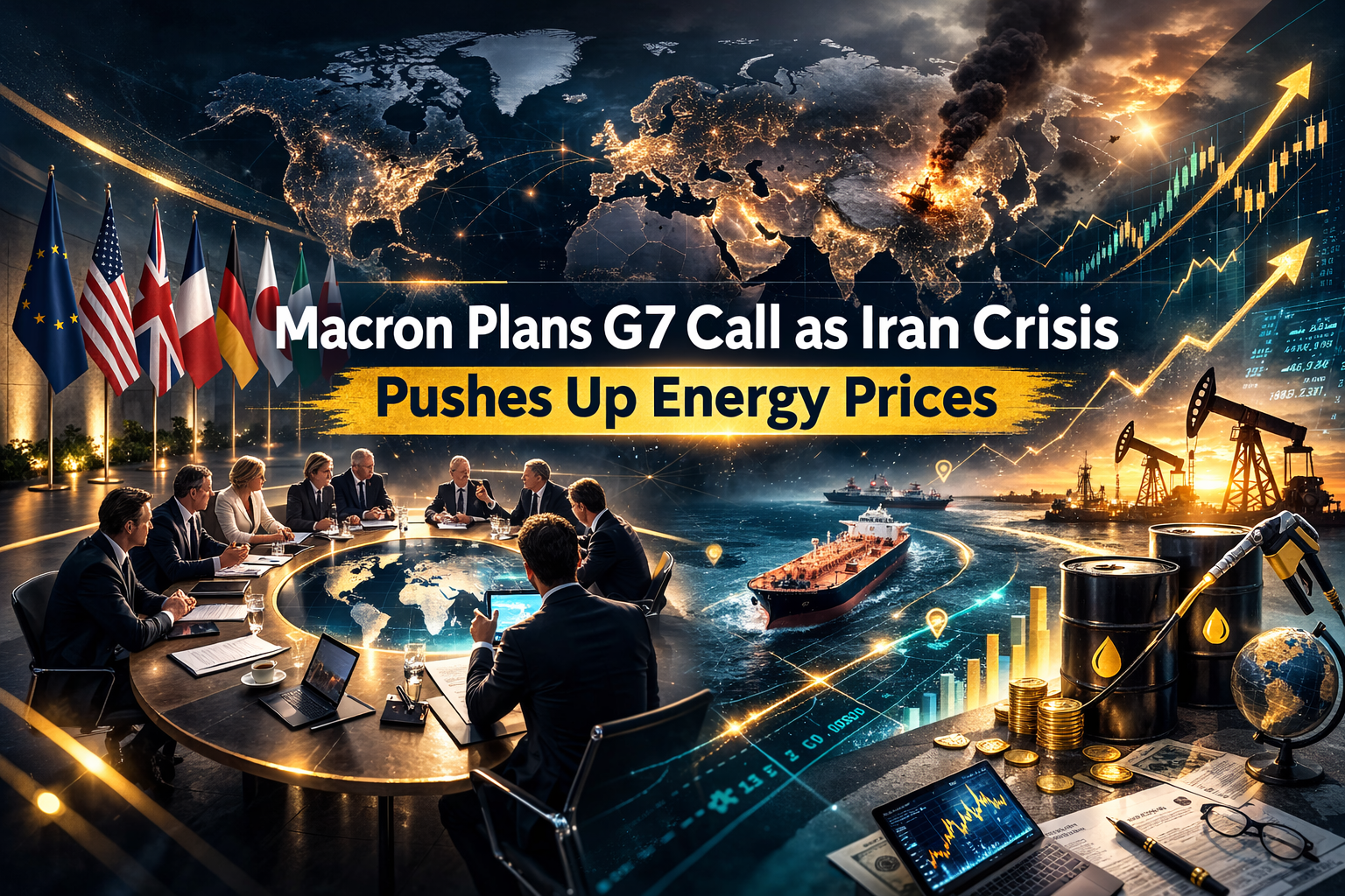 Wide business-news banner for G7 Iran energy prices, featuring global leaders, energy market visuals, and a diplomatic crisis atmosphere around rising oil costs.