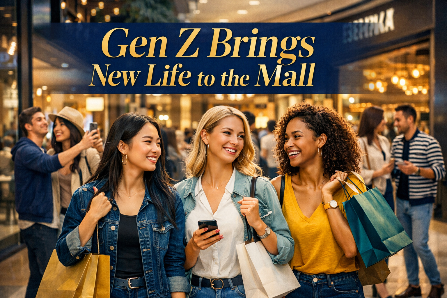 Wide banner for Gen Z mall revival article showing stylish young shoppers socializing and shopping in a modern indoor mall.