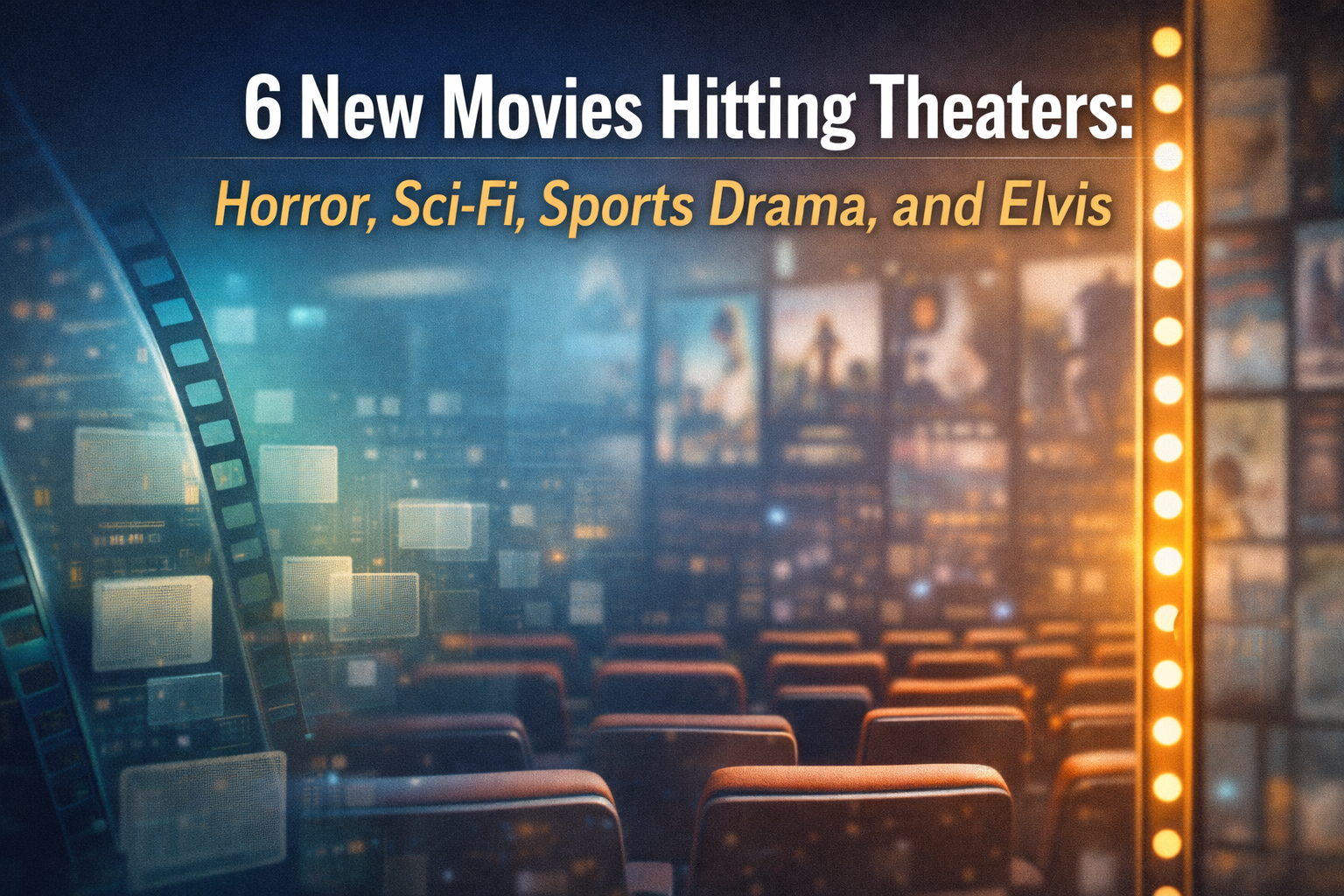 Photographic cinema banner with marquee lights and film elements representing Hollywood releases this week, featuring a variety of theatrical genres.