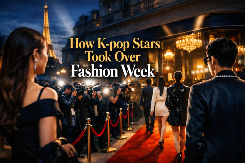 Wide banner for K-pop fashion week stars, showing a luxury Paris fashion event atmosphere with stylish celebrity figures, photographers, and premium editorial energy.