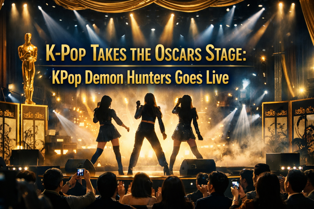 Wide banner for KPop Demon Hunters Oscars, showing a glamorous awards-stage performance scene with Korean entertainment influence and cinematic prestige.