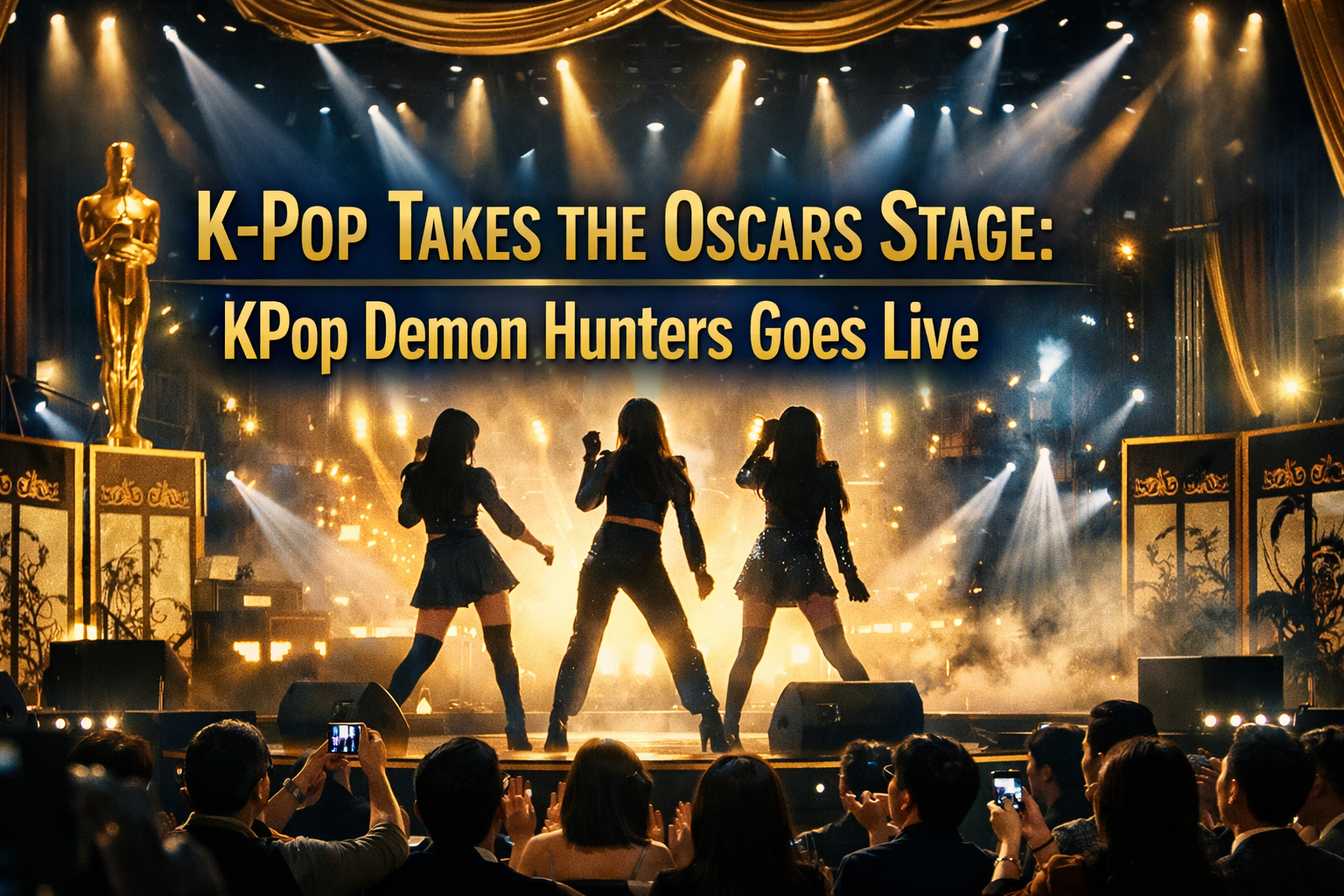 Wide banner for KPop Demon Hunters Oscars, showing a glamorous awards-stage performance scene with Korean entertainment influence and cinematic prestige.