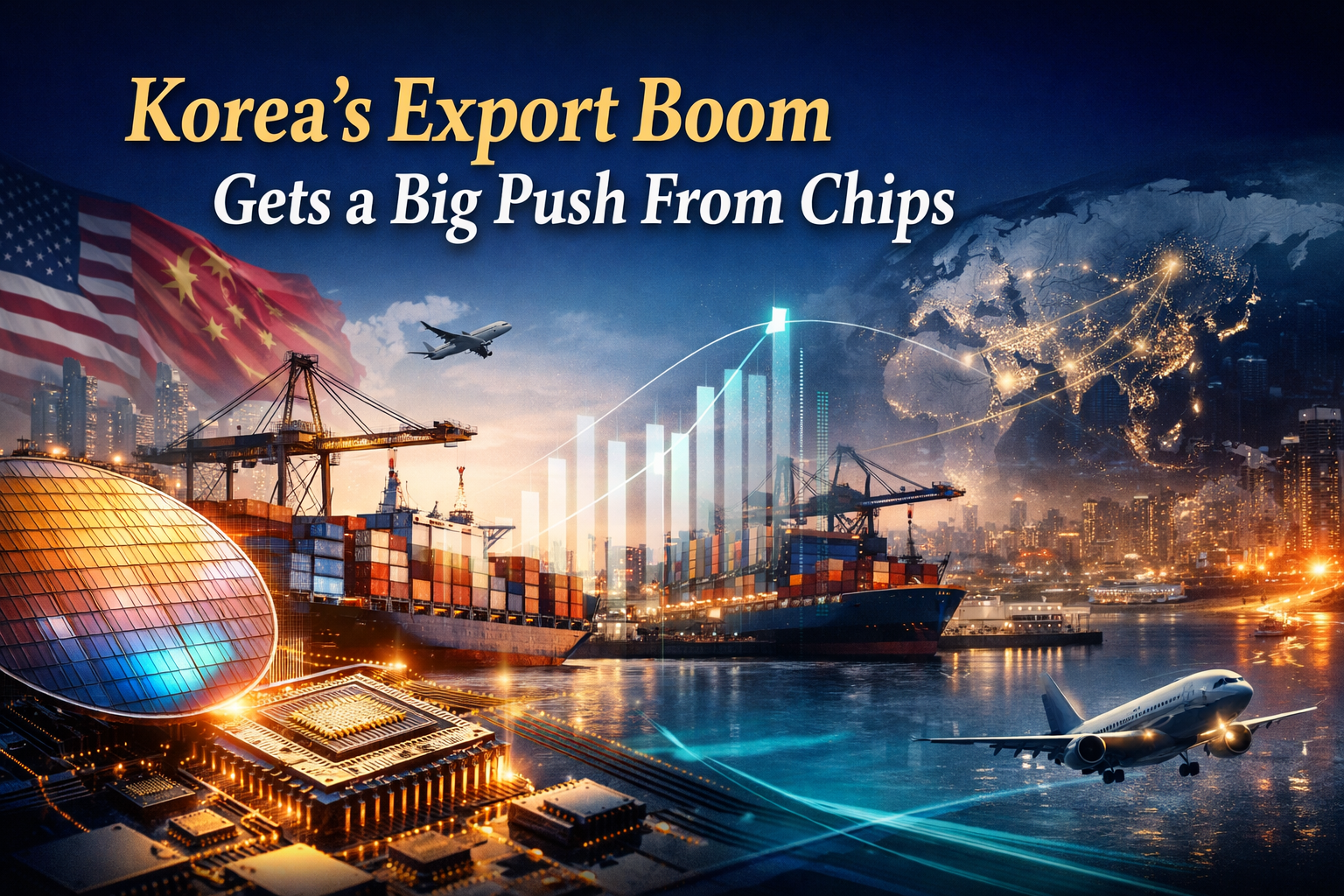 Wide banner for Korea exports surge, showing South Korean semiconductors, cargo shipping, and rising export data in a modern business scene.