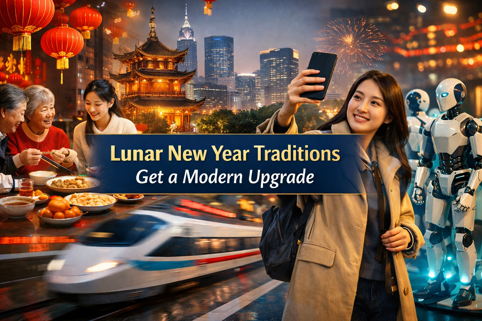 Wide banner showing Lunar New Year traditions in East Asia with festive decorations, family celebration, and modern cultural elements.