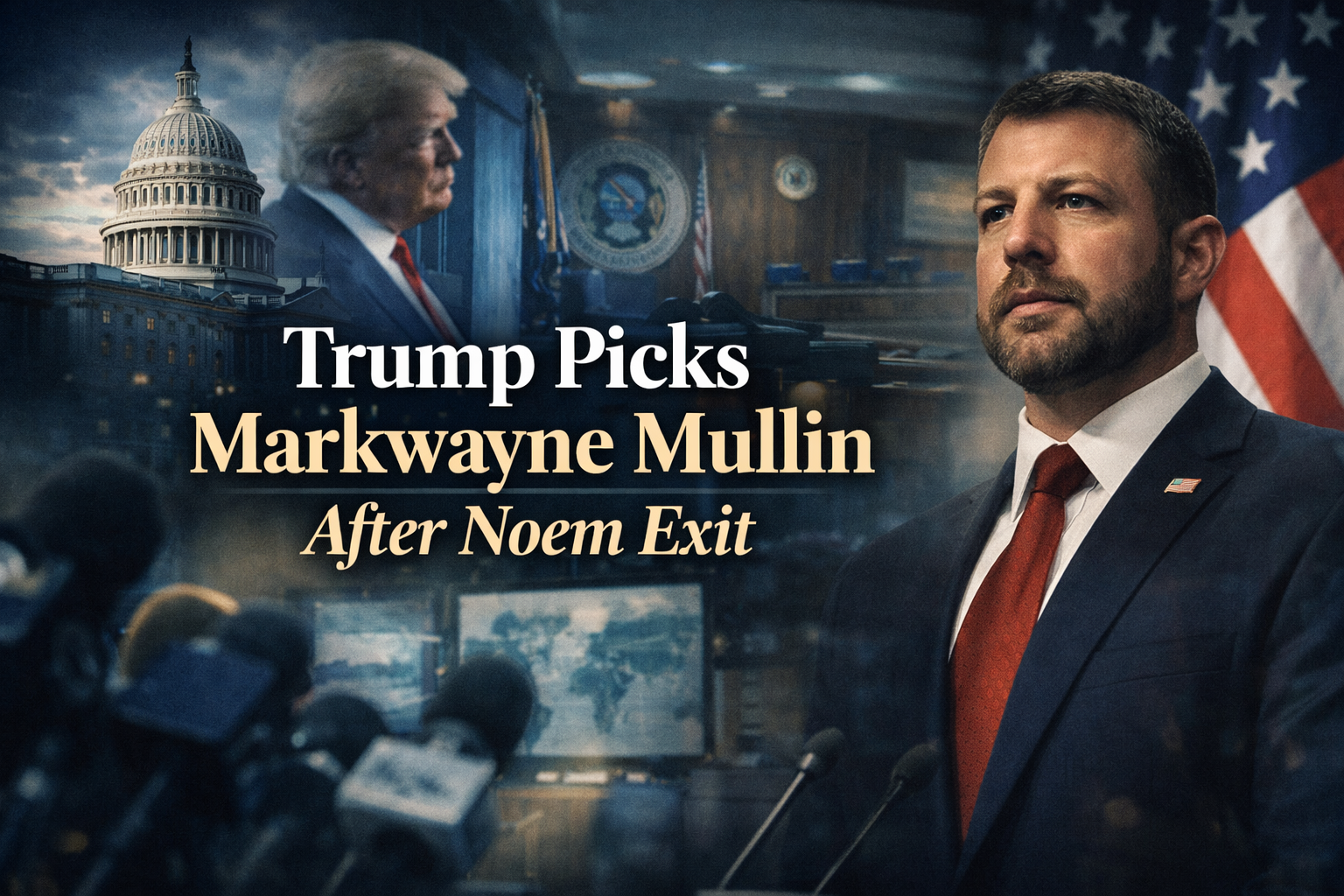 Wide banner for Noem DHS replacement, featuring a U.S. political news scene with Capitol imagery and homeland security visual themes.