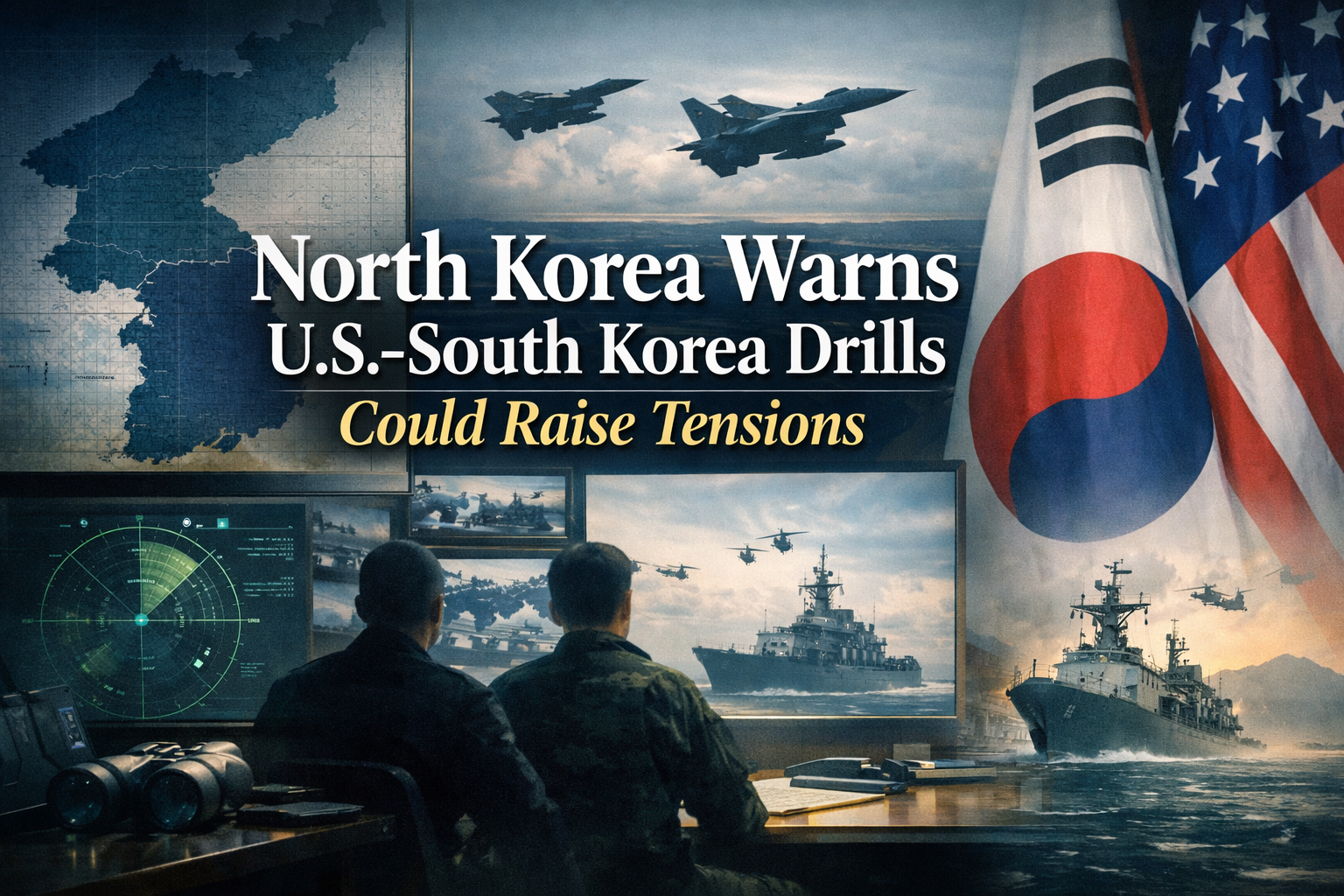 Wide banner for North Korea U.S.-South Korea drills, featuring a geopolitical news scene with military briefing visuals and Korean Peninsula tension imagery.