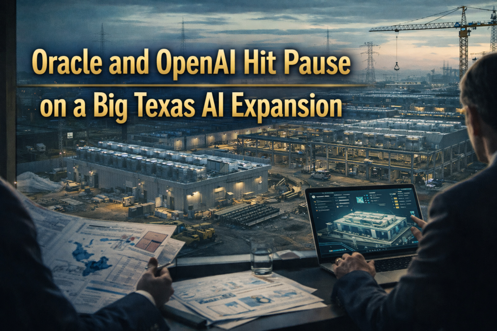Wide banner for Oracle OpenAI data center, showing a large Texas AI infrastructure site with server facilities, industrial scale, and signs of a paused expansion plan.