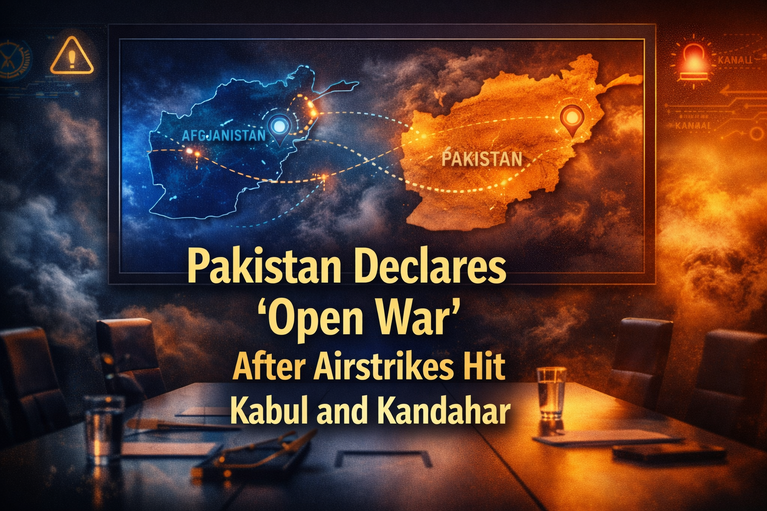 Pakistan-Afghanistan open war escalation after airstrikes, shown as a global security briefing map banner in navy and gold.