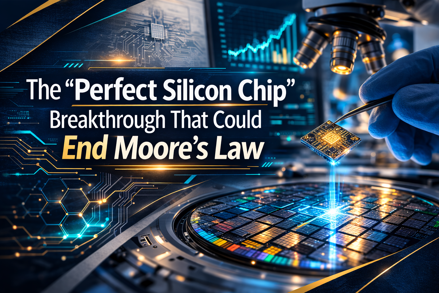 Perfect silicon chip innovation banner featuring a modern lab desk with a silicon wafer, subtle circuit overlays, and navy, gold, and teal accents.